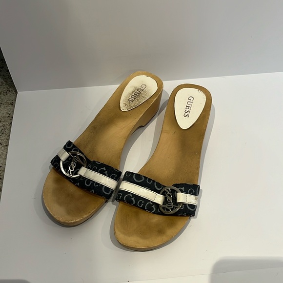 Guess Wooden Printed Blue & White Sandals - Picture 1 of 5